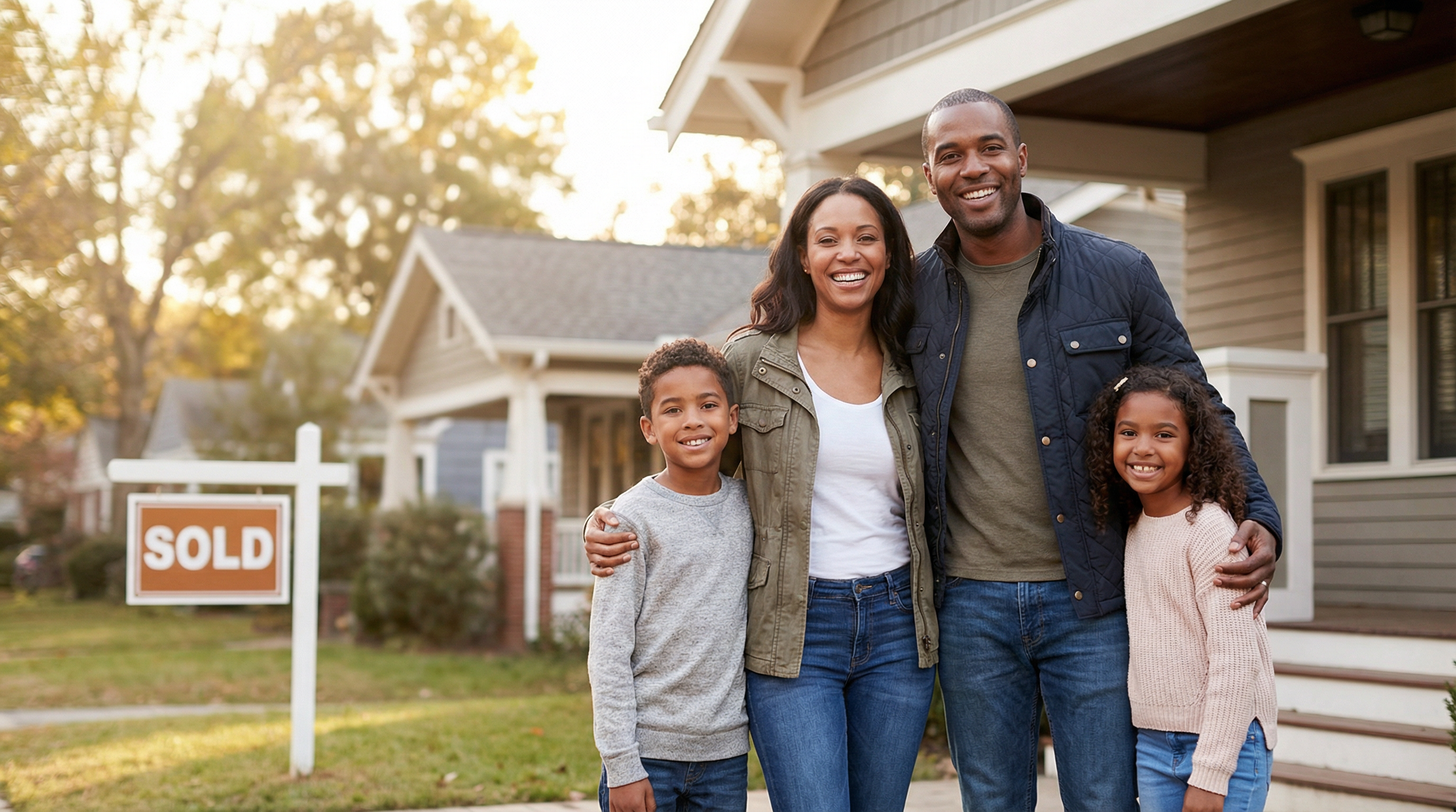 Happy family in front of their home
